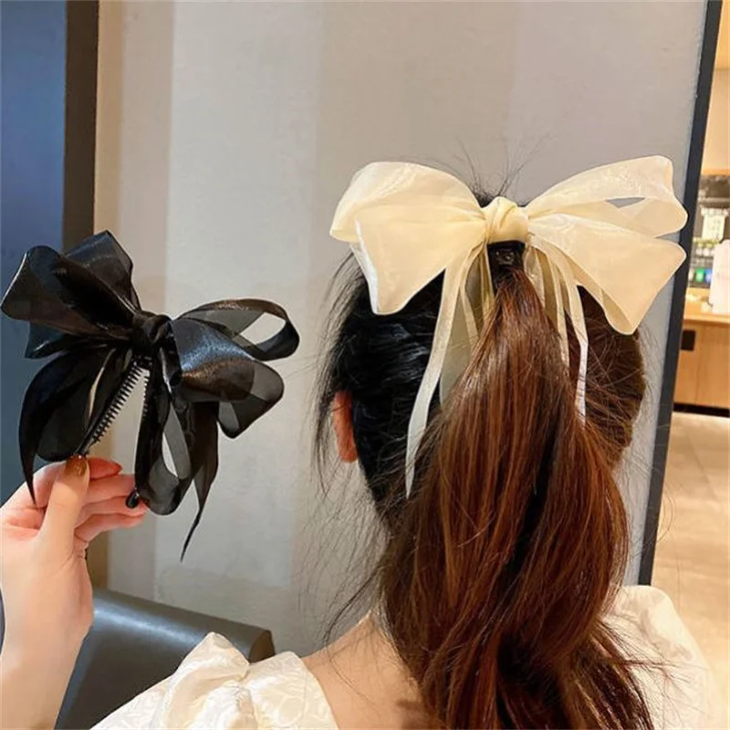 

Ribbon Bow Banana Hair Claws Clip Vertical Card Hairpin Grips Spring Barrette Sweet Band Solid Bowknot Ponytail Hair Accessories