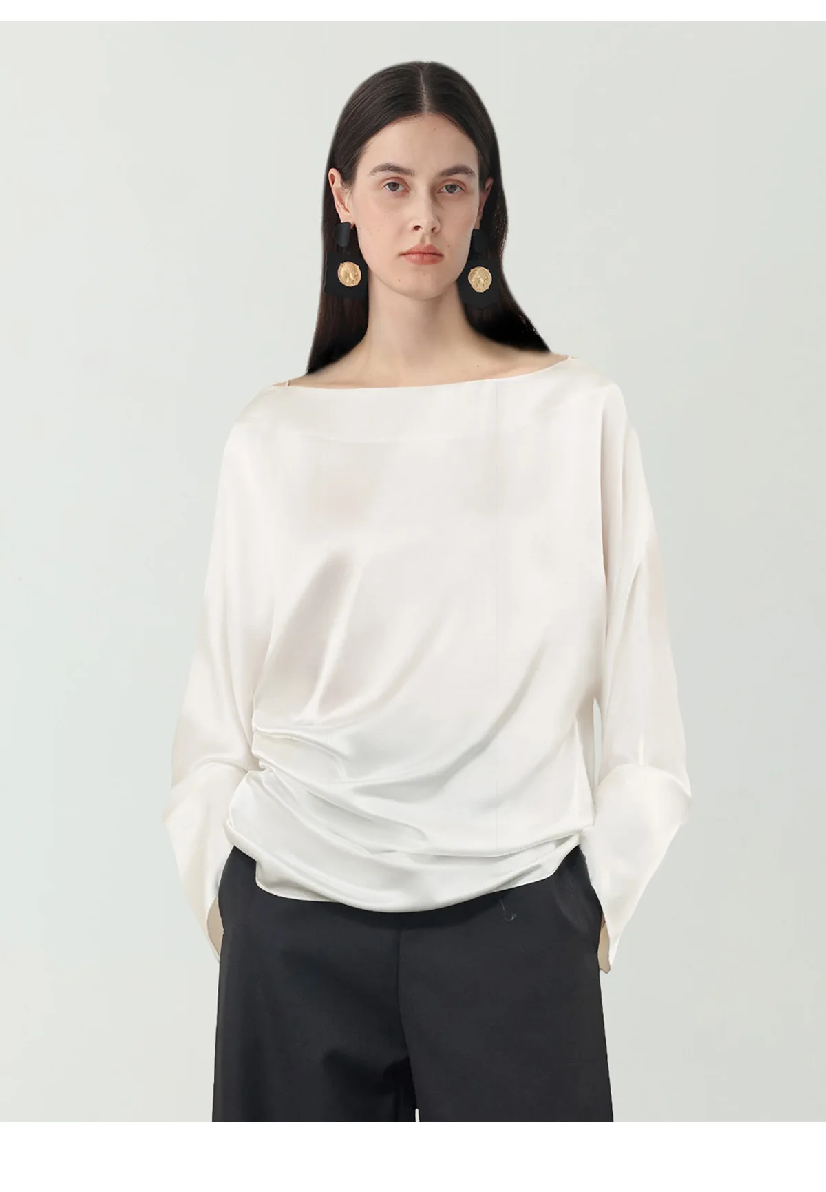 100% Real Silk Blouse Women Boat Neck Long Sleeve Side Ruched Oversized Loose Satin Top Minimalist Elegant Office Shirt 2026 New