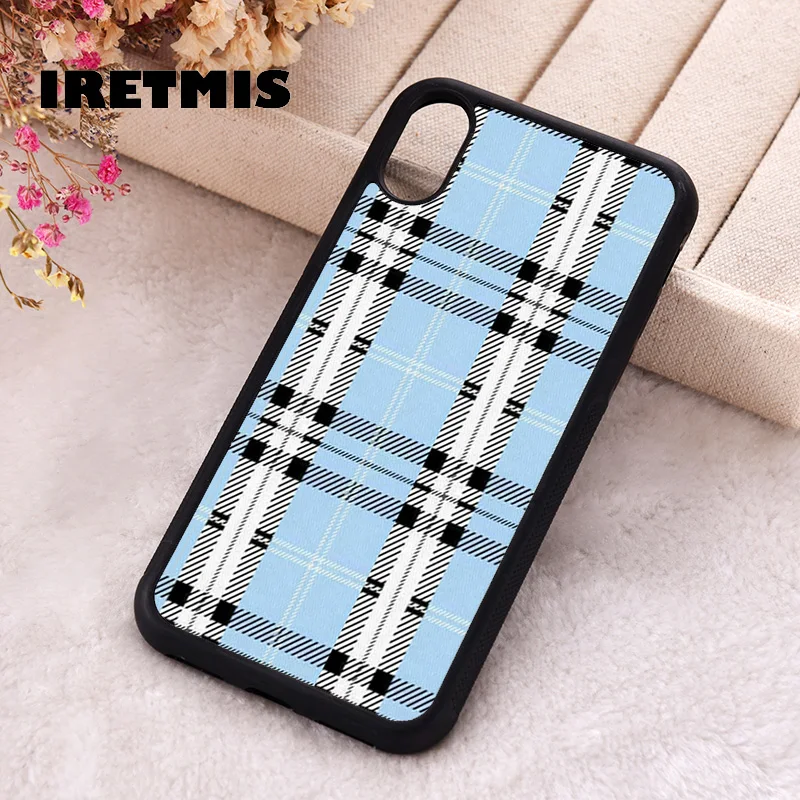 Iretmis Phone Cover Cases For iPhone X XS Max XR 11 12 13 PRO MINI 14 15 16 Plus Rubber Silicone Blue Plaid design