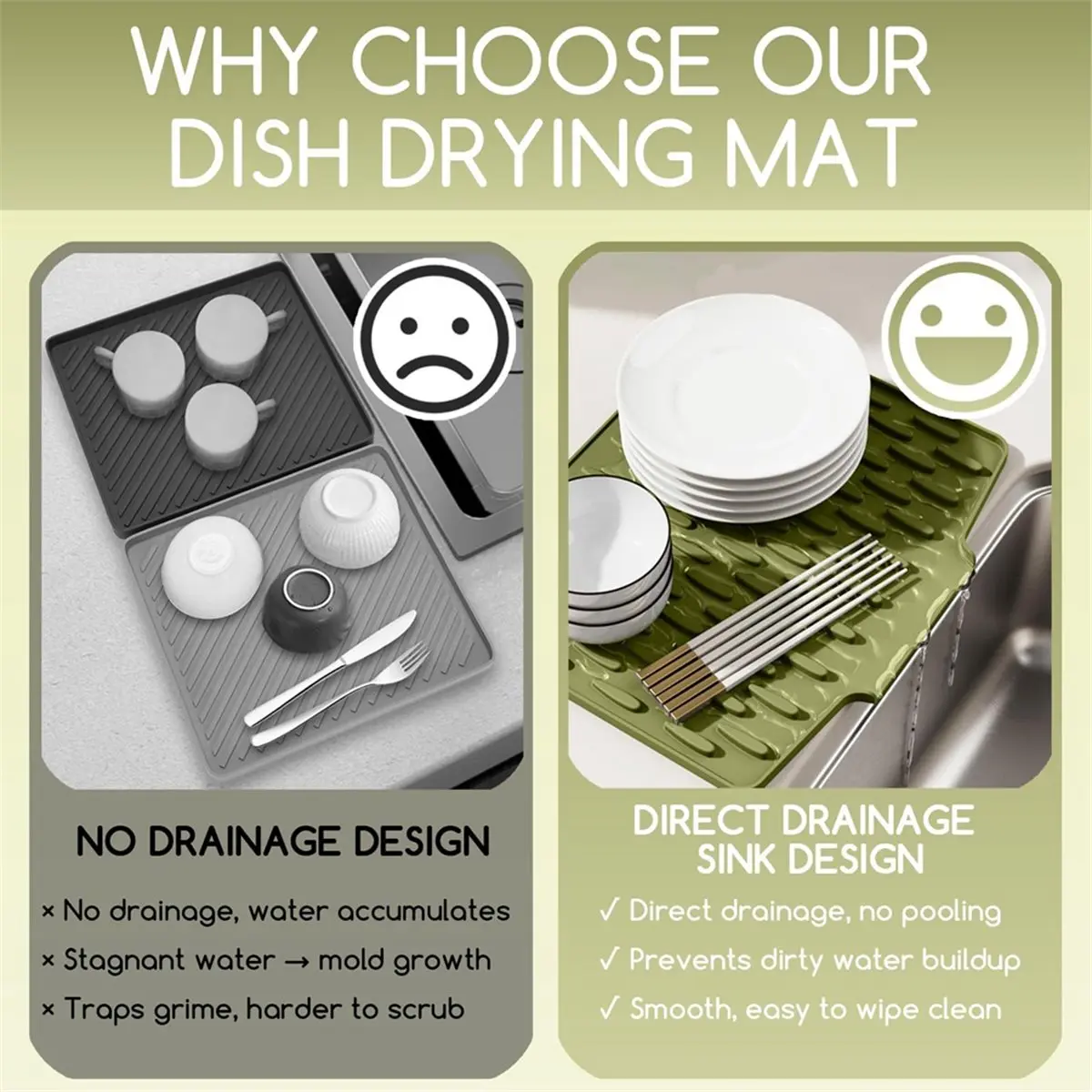 Workshop Gear Silicone Dish Drying Mat Tilted Design Fast Drain Non Slip Trivet Pad for Kitchen Dishes & Glassware Drying Green