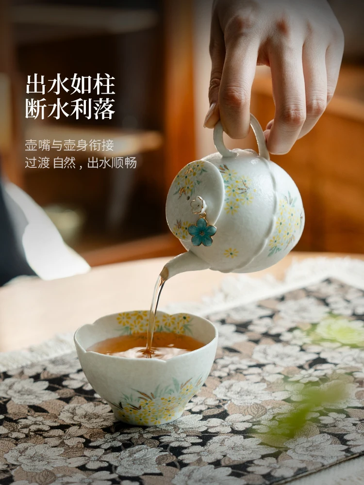 Rock Mine White Pure Hand Drawing Little Teapot with Slip High-End Entry Household Tea Maker Kung Fu Set