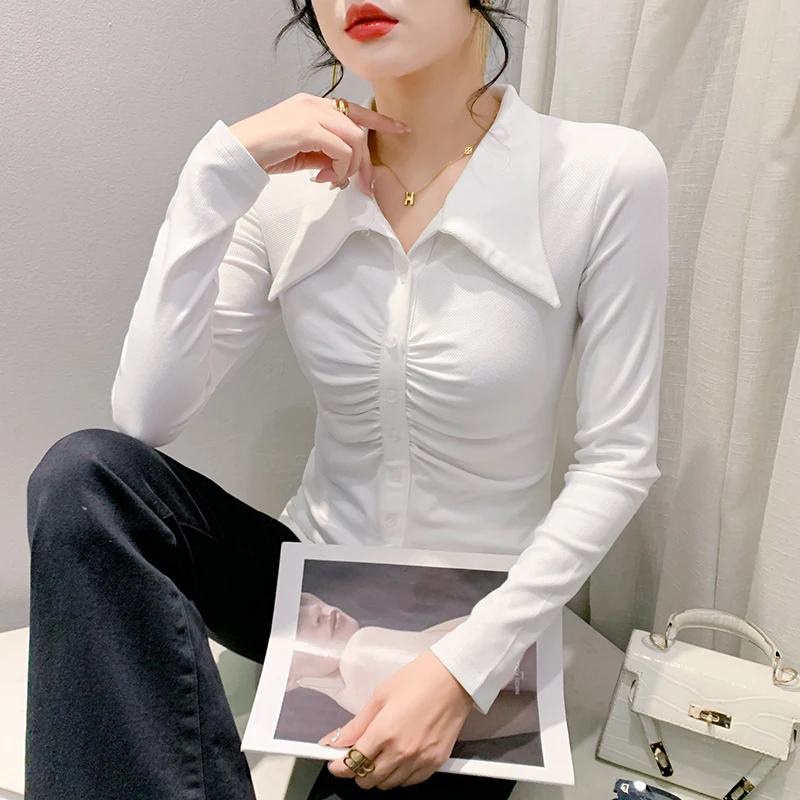 2024 New Fall Winter European Clothes T-Shirt Chic Sexy Draped High Quality Button Blouse Women Tops Long Sleeve Tees 311044