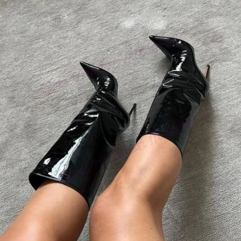 Black Patent Leather Pointed Toe Boots Side Zipper Shoes for Women Stilettos High Heels Sexy Lady Shoes 2024 Zapatos Para Mujere