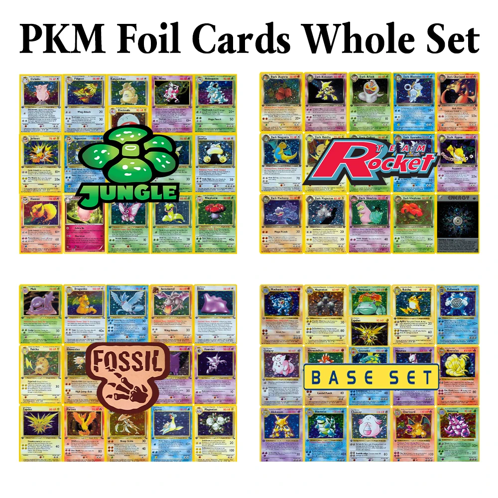 مجموعة بطاقات ألعاب PKM Foil Proxy مجموعة كاملة من مجموعة قواعد Team Rocket (RO) Jungle (JU) (BS)) ossil (FO) PTCG لعبة قابلة للجمع والبوكيمون #1