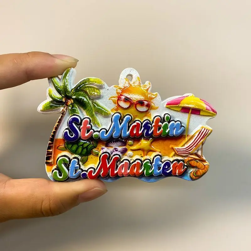

St. Martin (Caribbean Island) Fridge Magnet with Palm Tree, Sun, Beach Umbrella & Turtle, Cute Home Decor Refrigerator Accessory
