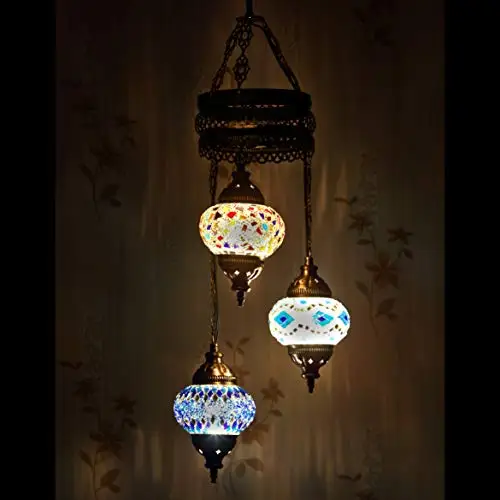 LaModaHome 35 + Unique Colors, 2020 Customizable Chandelier 3 Globes + Free 3 Bulbs, stunning Mosaic Turkish Lamp Moroccan Light