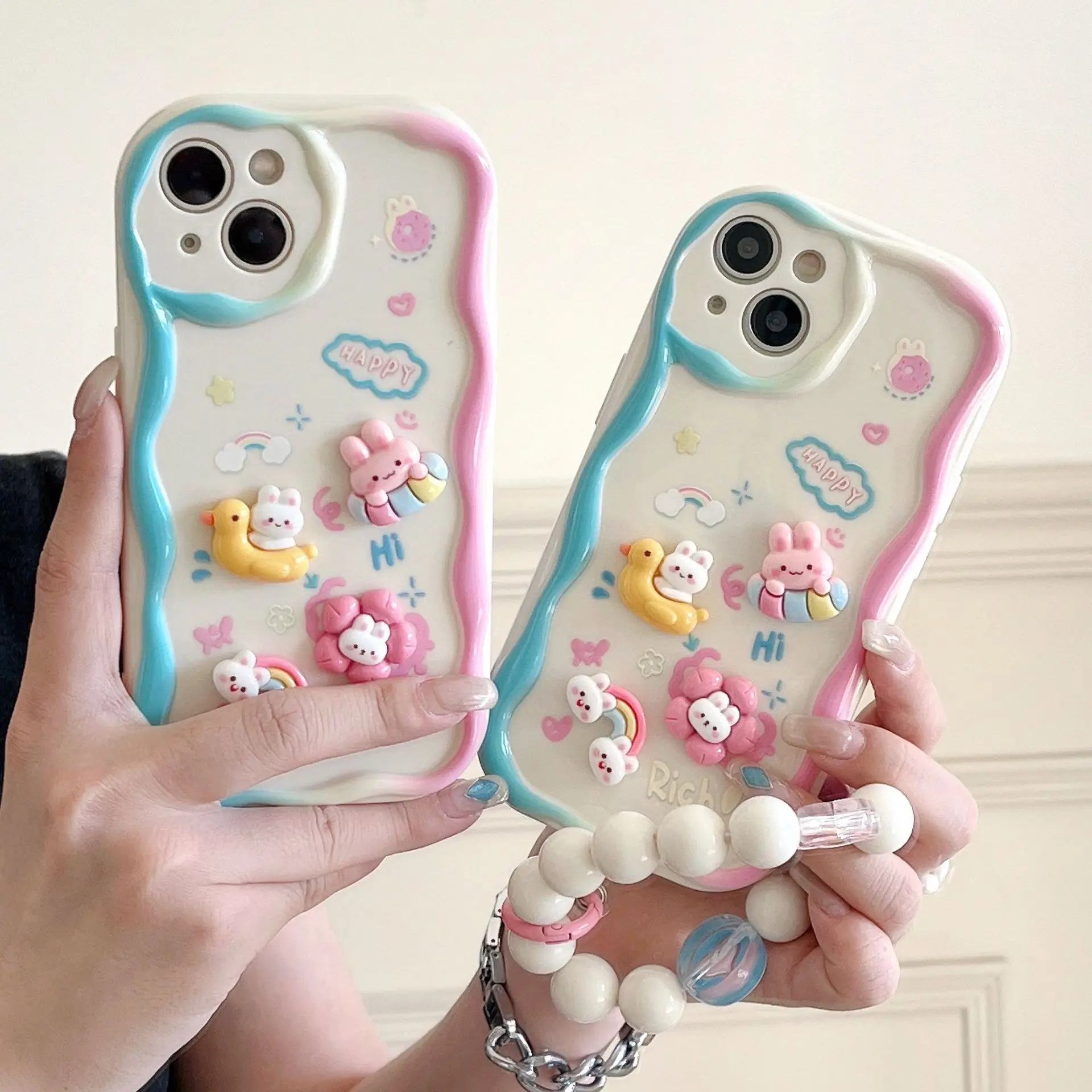 3D Rabbit Bear Flower Chain Case For OPPO Reno 14F 12F 11F 13F 13 14 12 11 A5 Pro A58 A78 A79 A60 Realme C53 C55 C65 C63 C67 C75