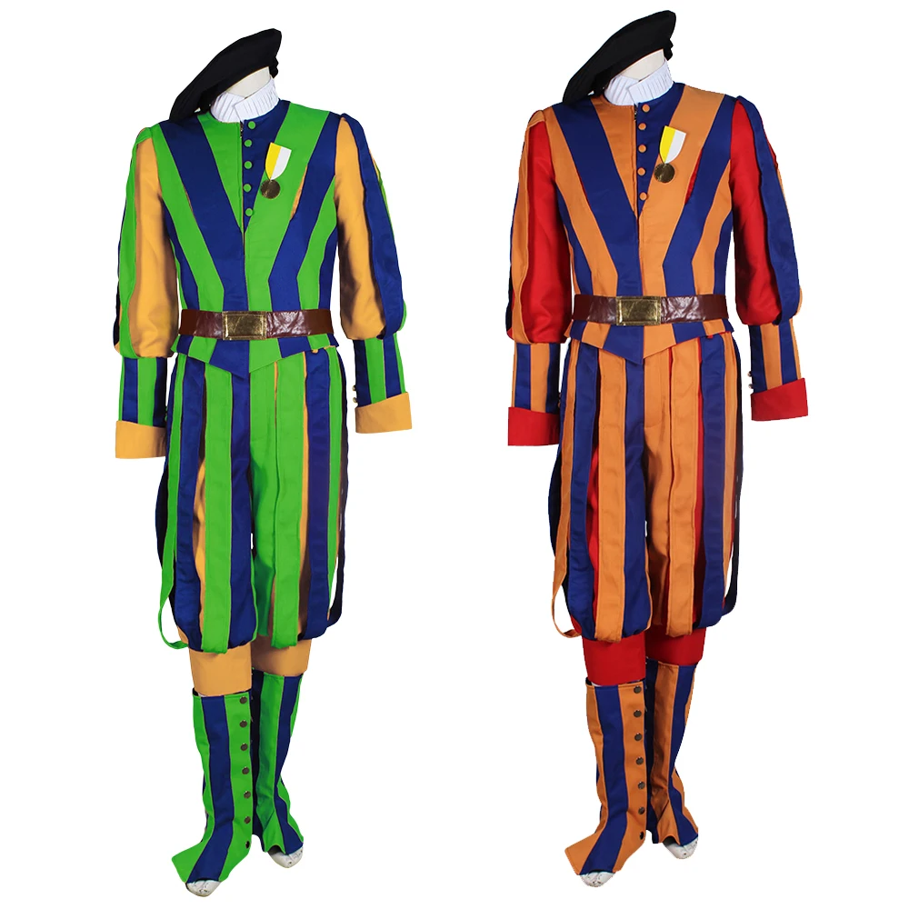 

Switzerland Soldiers Cosplay Swiss Guard Costume Orange Green Striped Uniform Halloween Carnival Party Suit for Men