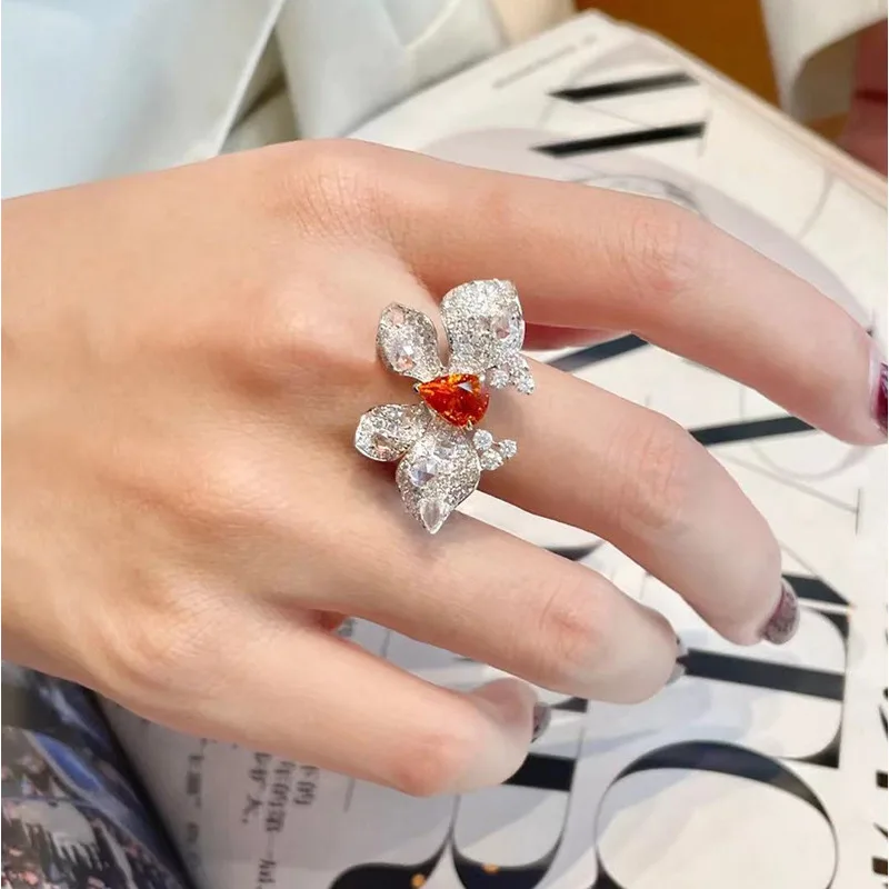 Pure silver colorful treasure butterfly diamond ring with an open ring, women's full diamond, light luxury, high-end and sweet