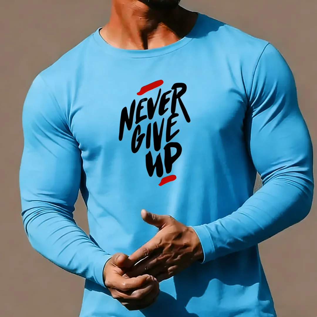 

Fashion Men's Sports T-shirt 3D Never Give Up Printed Long Sleeve Tee Breathable Quick Dry Running Fitness Sportswear Casual Top