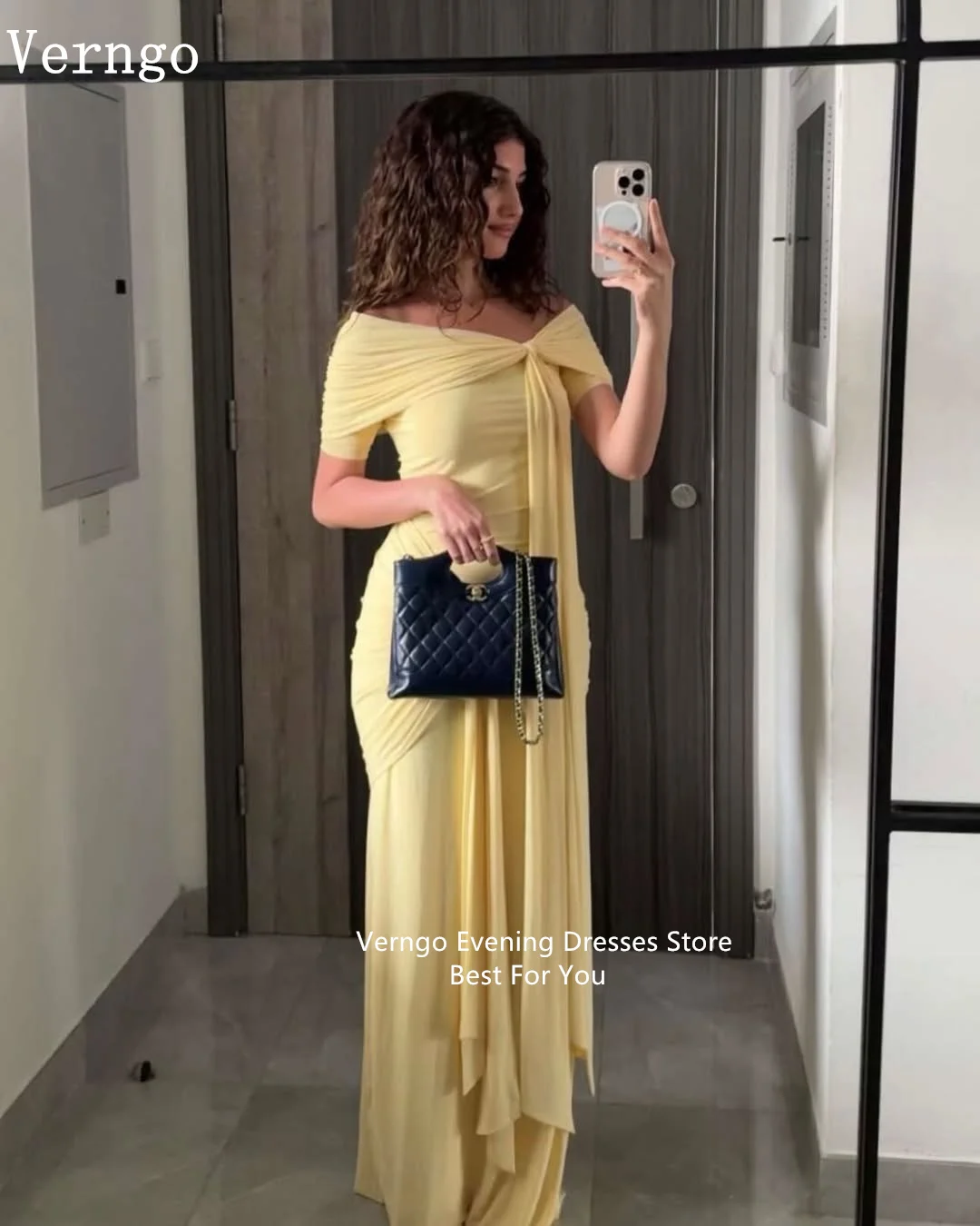 Verngo Blush Yellow Crepe Evening Dress Off The Shoulder Mermaid Formal Occasion Pleat Prom Party Gowns Customized image 3