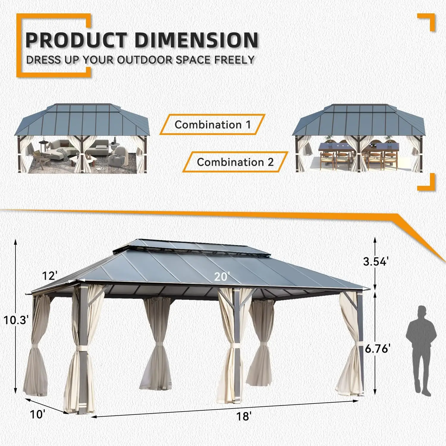 12' x 20' Outdoor Gazebo Pavilion, Double-Roof Aluminum Composite Canopy with Aluminum Frame, Curtains & Netting, for Patio, Lawn, Garden, Backyard