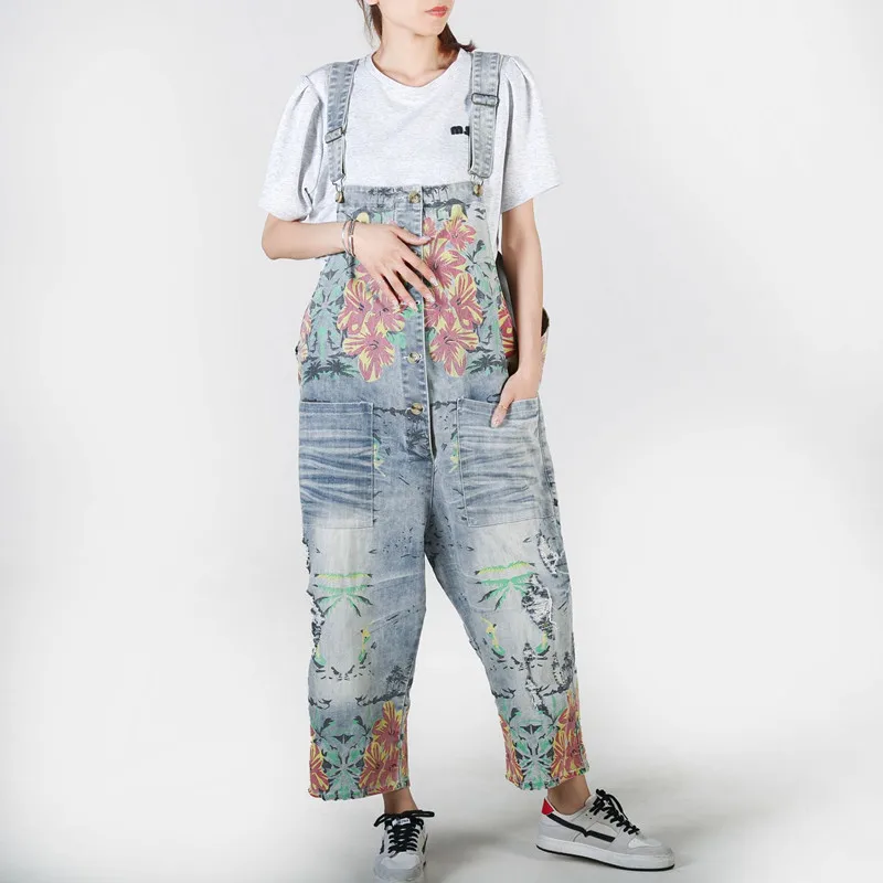 

Women Deinim Printed Loose Jumpsuits Ladies Casual Floral Print Denim Pants Overalls Rompers Female Holes Calf Length Trousers