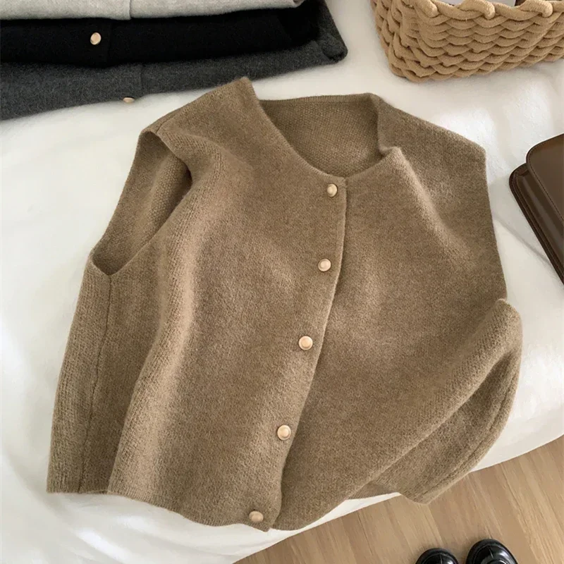 

Crew Neck Women's Korean Solid Button Short Sleeve Cardigan Coats Sweater Knitted Sleeveless Ladies Elegant Tanks Bottoming