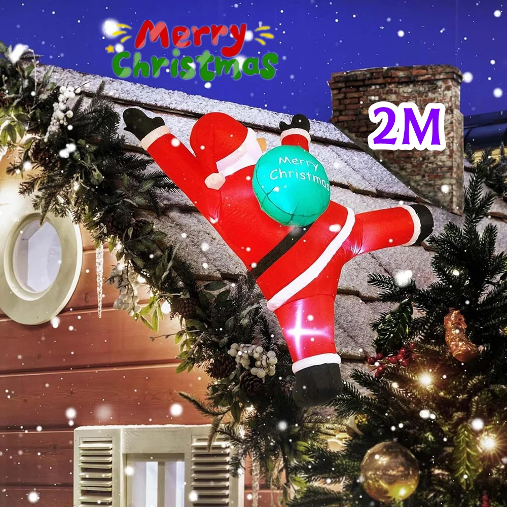 2M Inflatable Climbing Santa Claus Built LED Light Back Green Gift Package Indoor Outdoor Window Eaves Courtyard Beam Decoration