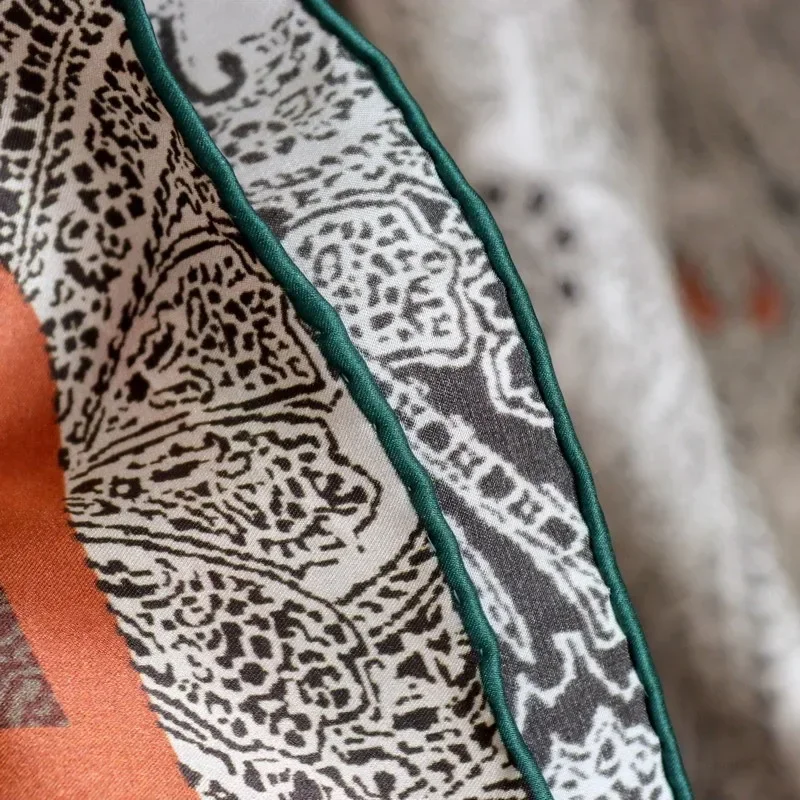 High-end Elegant Women Exquisite Sri Lankan Style Printed Quality Plain Satin Silk Hand-rolled Edge Large Square Scarf Shawl