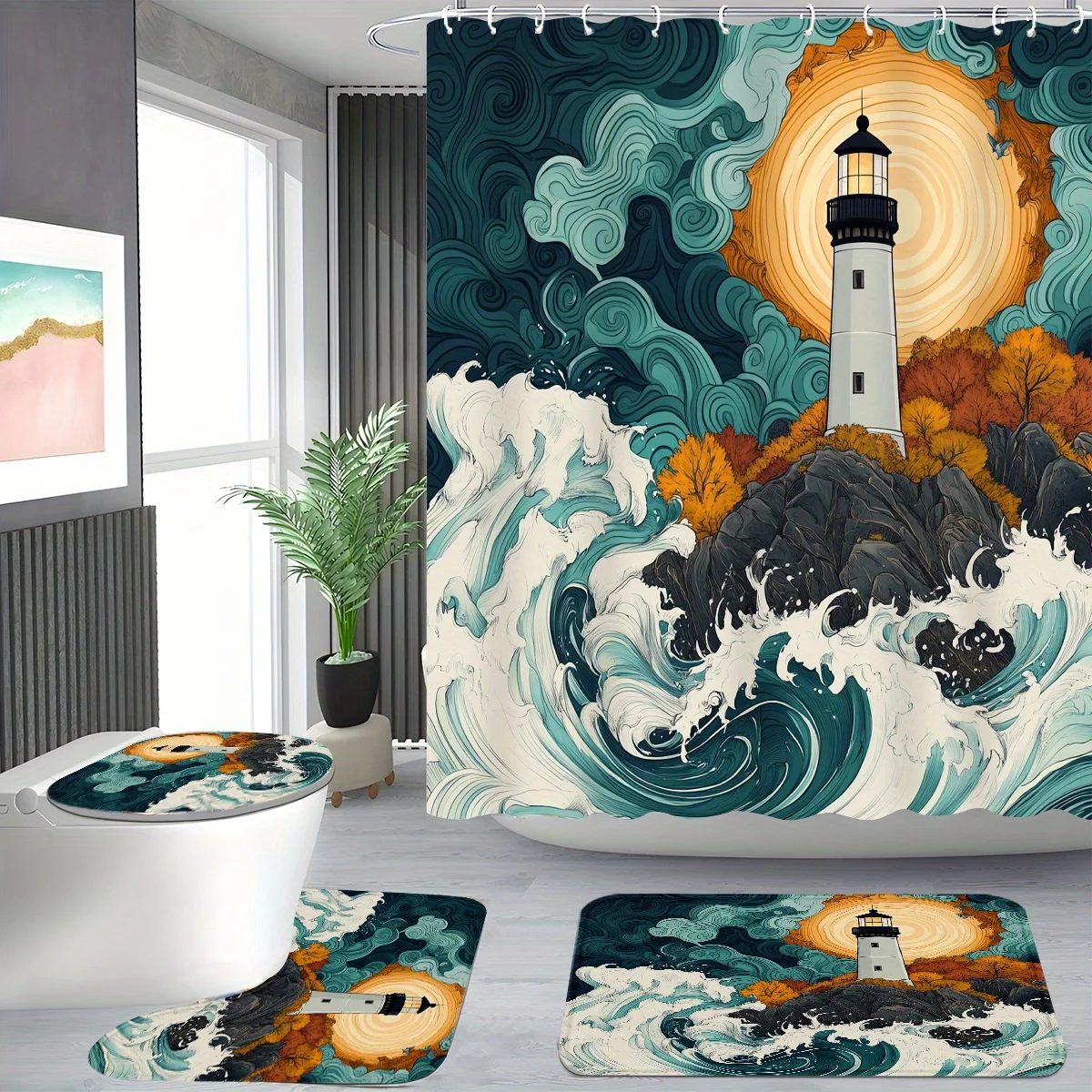

Набор занавесок для душа из 4 предметов, мечтательная осенняя сцена маяка, современный декор для ванной комнаты - 71 дюйм * 71 дюйм * 180 см * 180 см В комплект входит 12 крючков