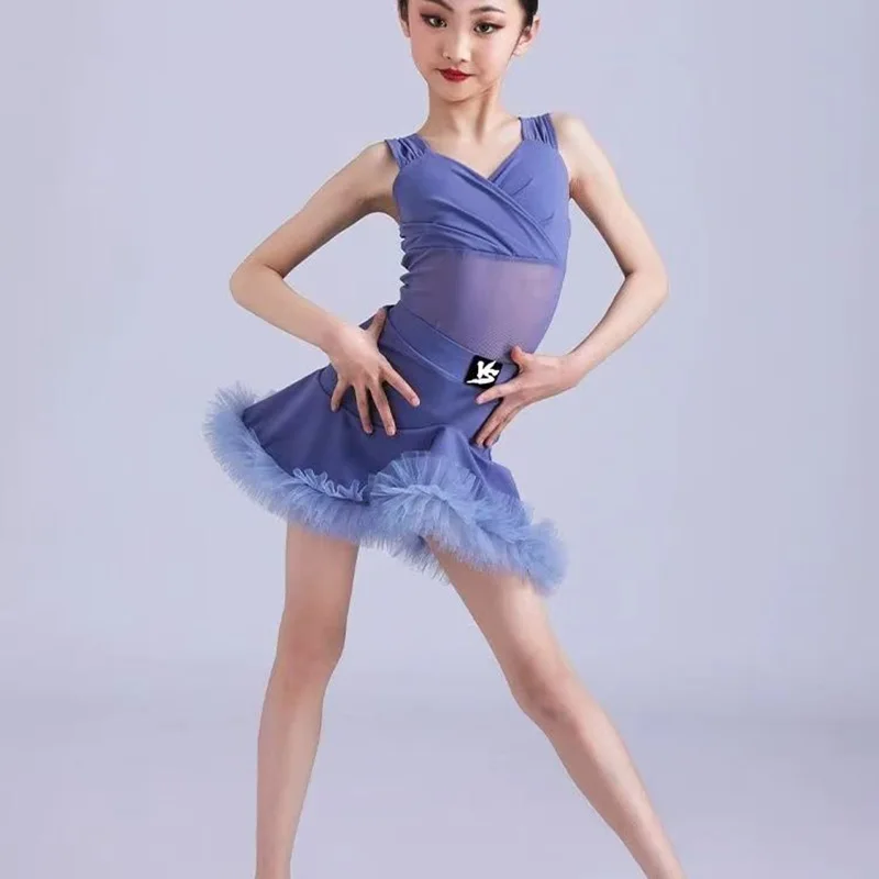 Crianças vestido de dança latina azul samba traje de dança latina para meninas cha cha prática roupas de dança conjunto saia para menina