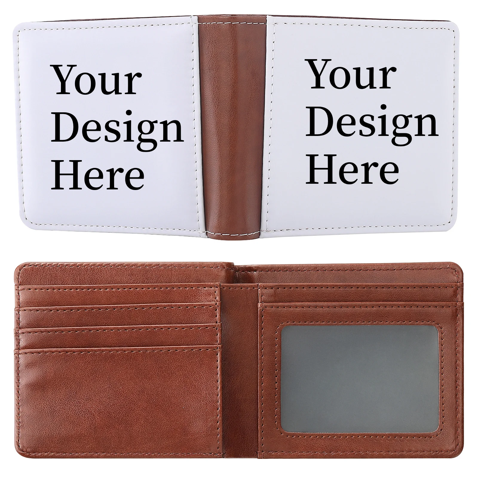 Custom Brown PU Wallet Print Your Own Logo Leather Coin Purse Multi Card Holder With Photo Slot For Customize Personlized Gift