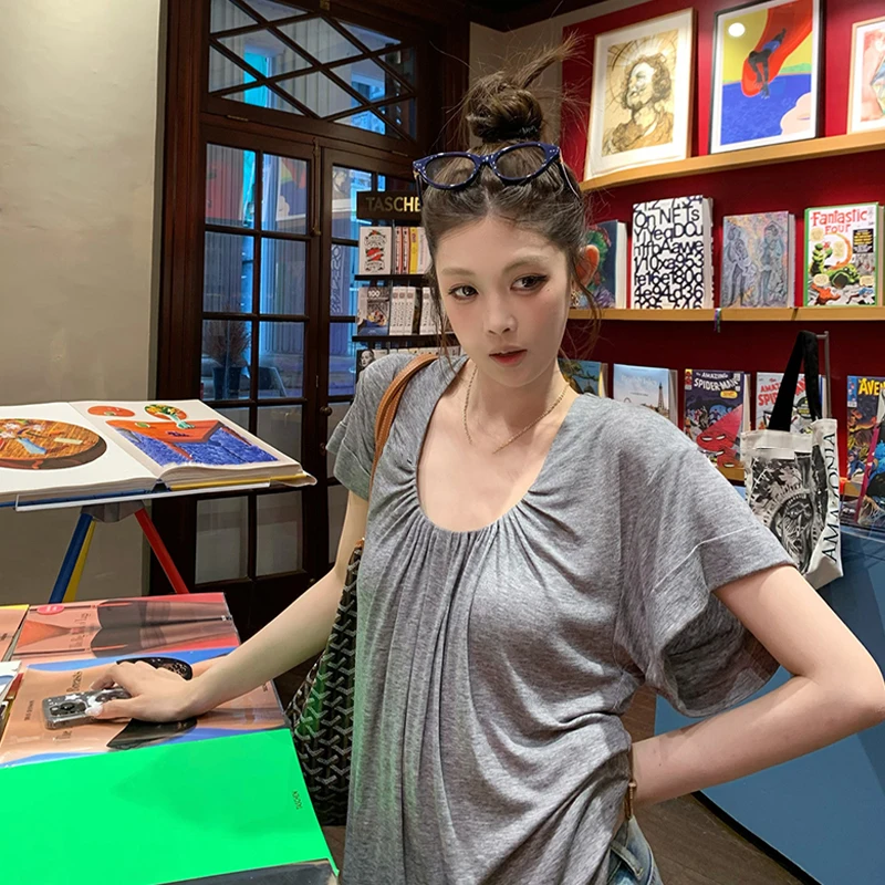 Design Sense Lazy Pleated Large U-neck Short Sleeve Loose Versatile Casual Summer Tops