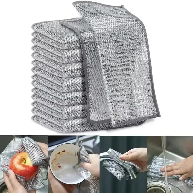 Magic Dishcloth Silver Fiber Thickened Microfiber Built-in Sponge Steel Scrub Heavy Duty Kitchen Cleaning Cloth Wash Towel C230