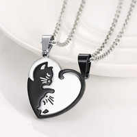 One Pair Stainless Steel Black White Heart Cat Pendant Couple Lover Kitty Necklace