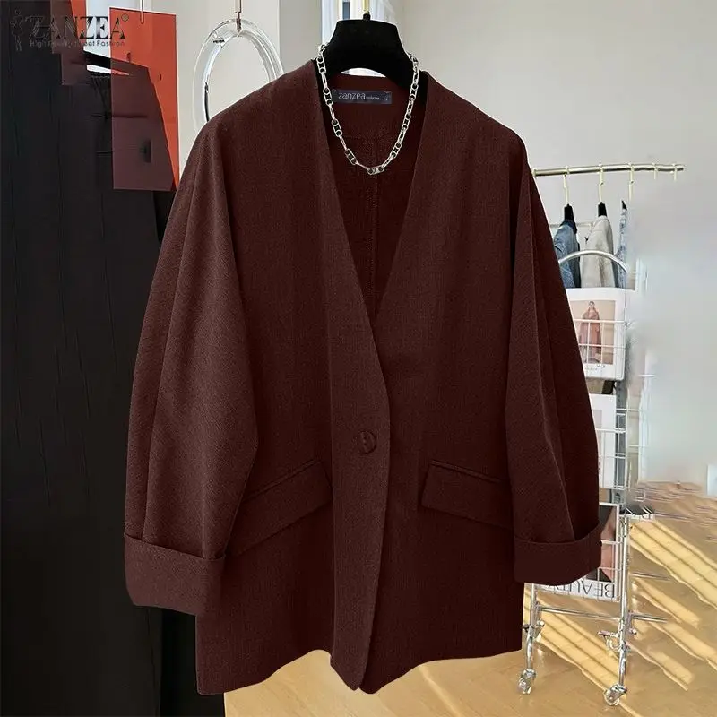 

Women ZANZEA Elegant OL Blazar Sexy V-Neck Casual Solid Coats Fashion Long Sleeve Loose Streetwear Loose Outwear Female Clothing