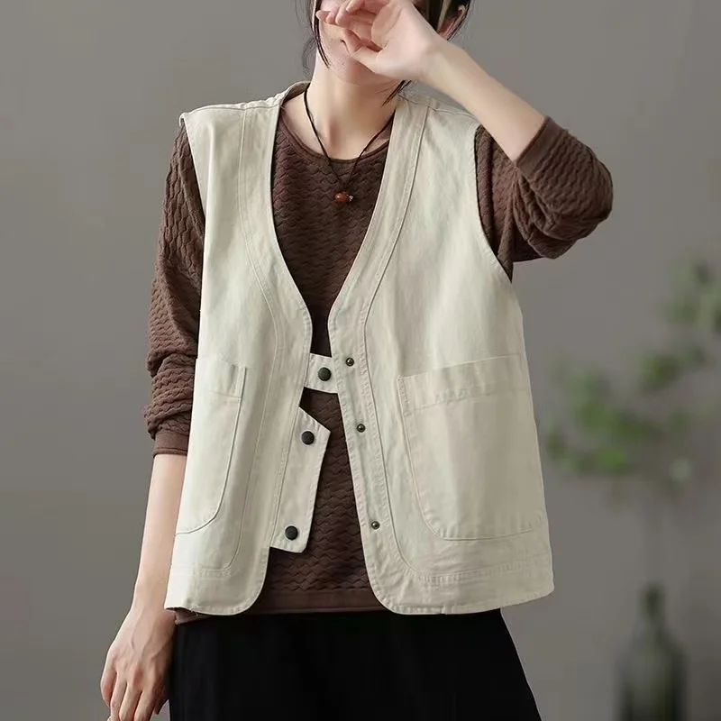 

2026 Women's Vest Coat Spring Summer Cotton And Linen Leisure Sleeveless Ladies Vest Loose Versatile Lady Elegant Waistcoat Tops