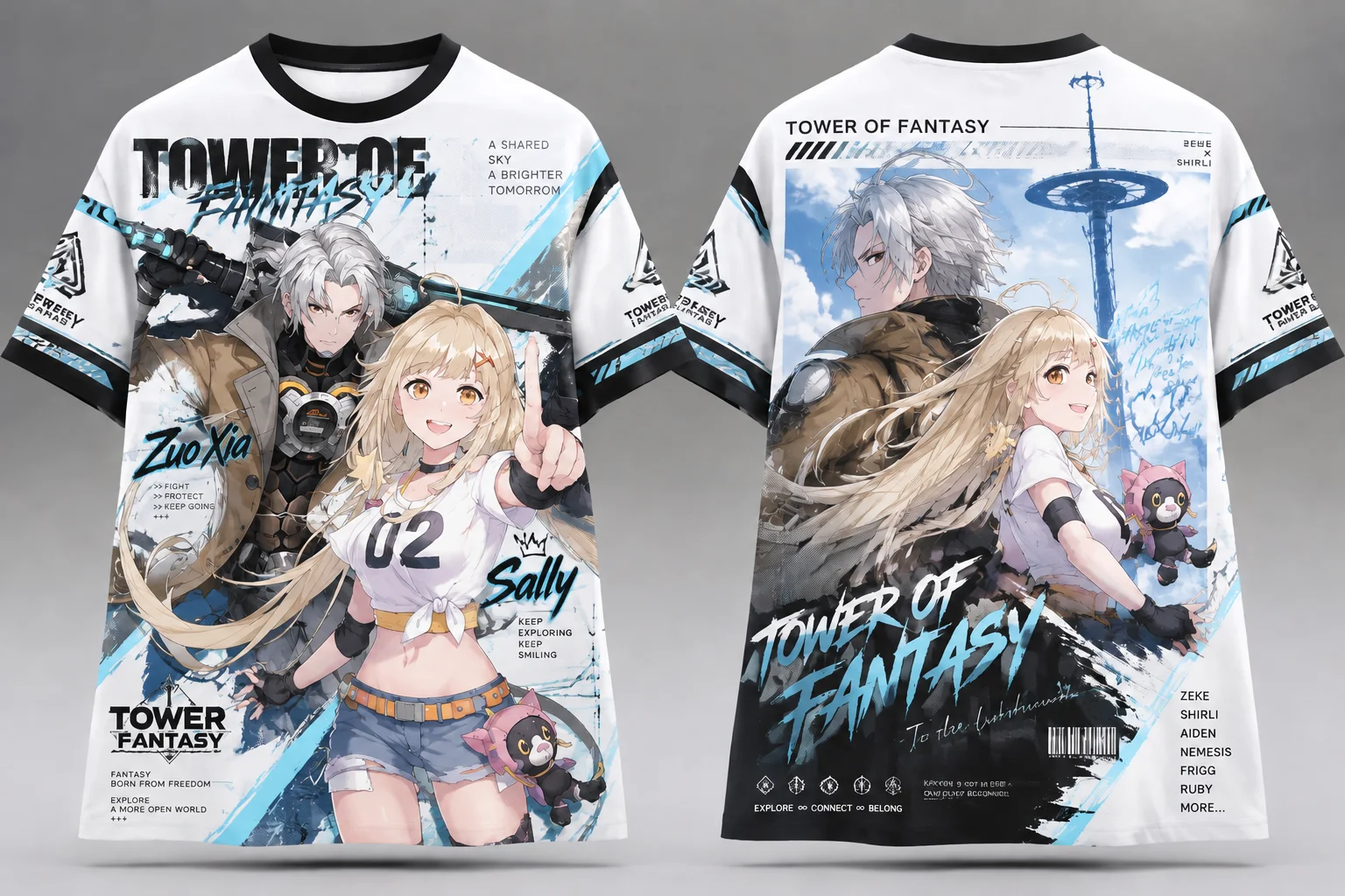 Unisex Short Sleeve T-Shirt, Tower of Fantasy Zuo Xia & Sally Cosplay Print, Y2K Street Tee for Men Women, Daily Casual Wear