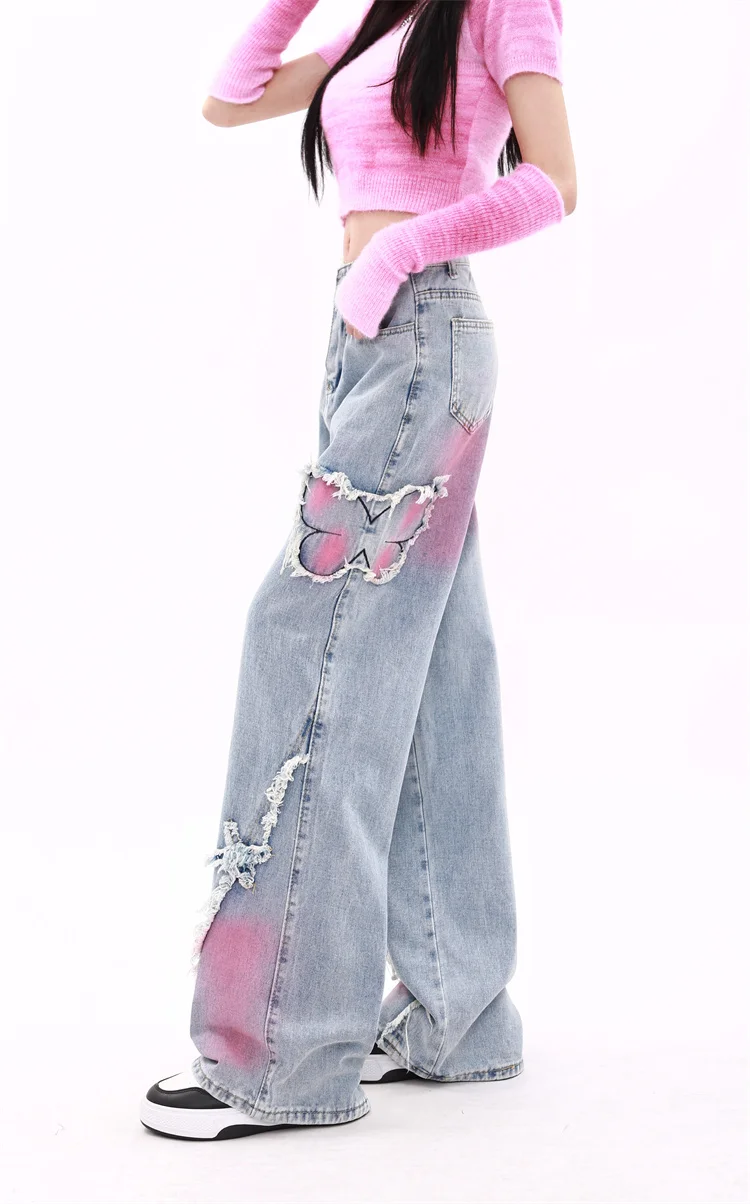 Imagem -03 - Calça Jeans Feminina Azul Folgada de Borboleta Calça Vintage de Vaqueiro Harajuku Denim Roupa Grande e Estética Y2k Anos 2000 2024