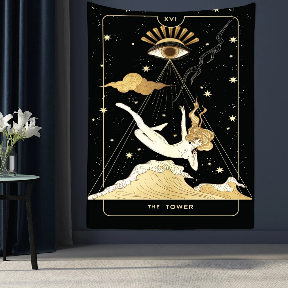 

Golden Holy Angel Tarot Card Mandala Tapestry Wall Hanging Astrology Divination Hippie Bedcover Witchcraft Rug Beach Mat