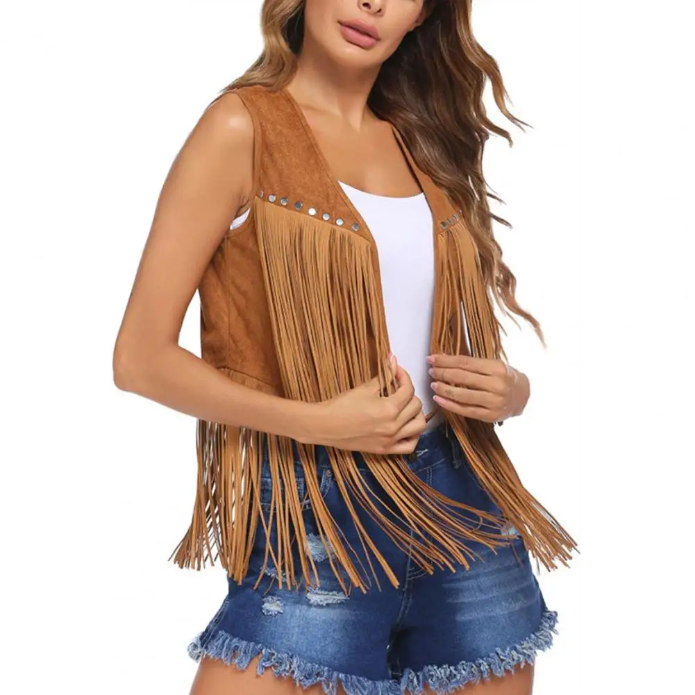 

Women Long Tassels Suede Vest Open Front V Neck Rivet Decor Vintage Fringed Waistcoat Streetwear