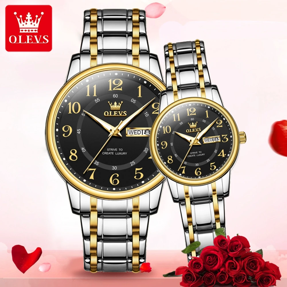 OLEVS 2891 romantic Couple Watches Stainless steel Arabic Numeral Scale Waterproof Quartz Watch For Men and Women Date Fashion