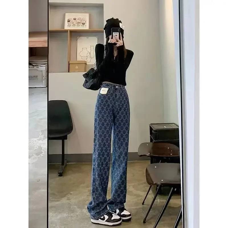 Women Vintage Denim Pants High-Waist Trousers Hollow Ripped Party Club Loose Straight Jeans Bottoms 90s Aesthetic Streetwear