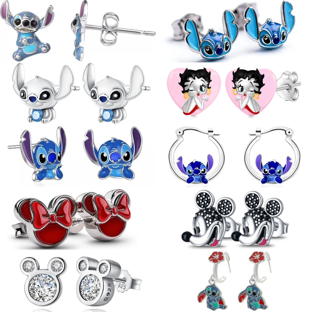 

Серьги-гвоздики Disney из стерлингового серебра 925 пробы с изображением Лило и Стича, Минни Маус, Бетти Буп для женщин, милые мультяшные эмалевые украшения, подарок
