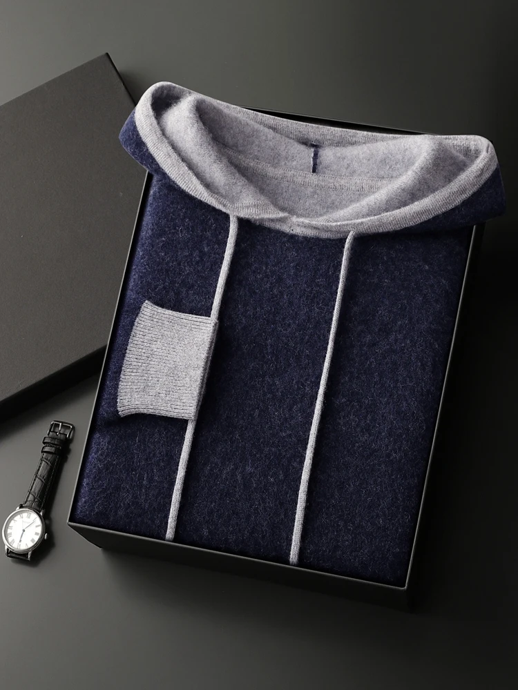 100% Cashmere Sweater Men Hooded Pullover Thicken Autumn Winter Color Blocking Air Layer Knitwear Casual Raglan Sleeve Clothing