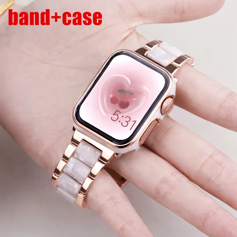 Strap Protective Case For Apple Watch Band 40mm 41mm 44mm 45mm Two Color Metal Resin Bracelet iWatch Series 9 8 7 6 5 4 SE