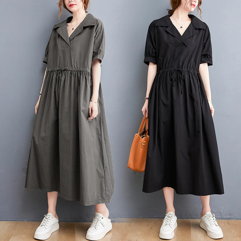 

Loose A-Line Midi Dr with Dstring ort Sve Women plus Size Summer Suit Collar Faionable Comfortable Casual Dr