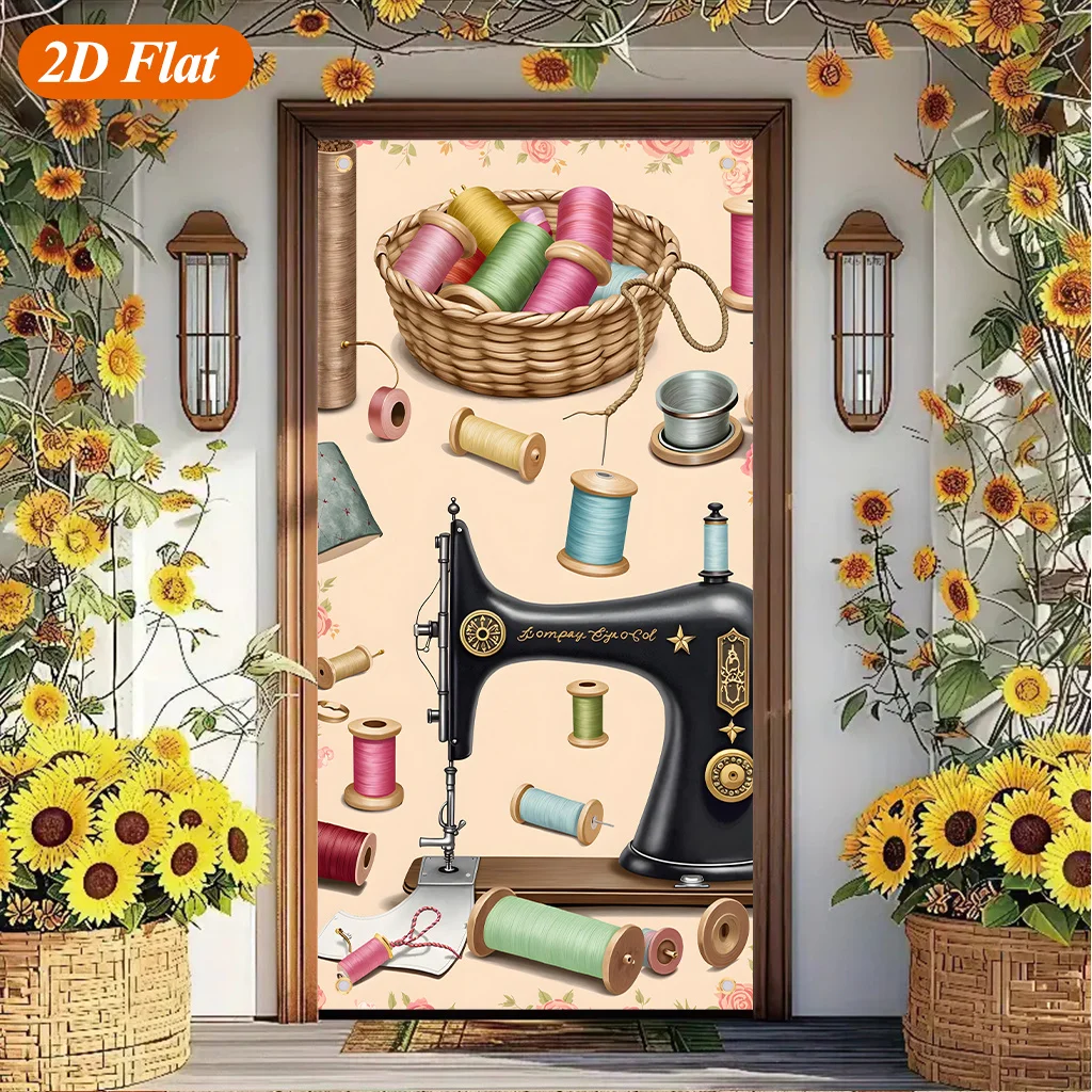 2D curtains, sewing machines and spools of thread, polyester - suitable for bedrooms, offices, kitchens and living rooms