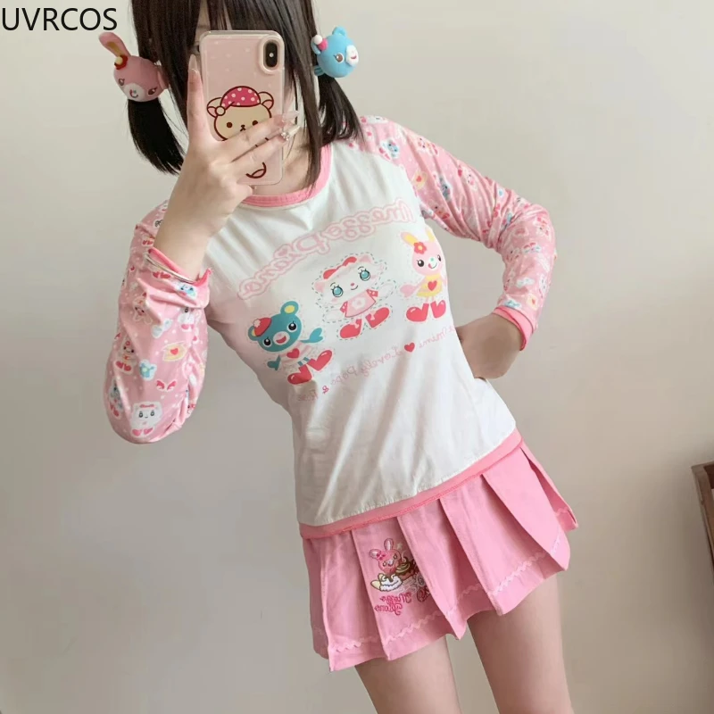 Japanese Kawaii Lolita Style Skirt Set Women Sweet Cute Cartoon Print Tshirts Top Pink Embroidery Cake Mini Skirts Cute Y2k Suit