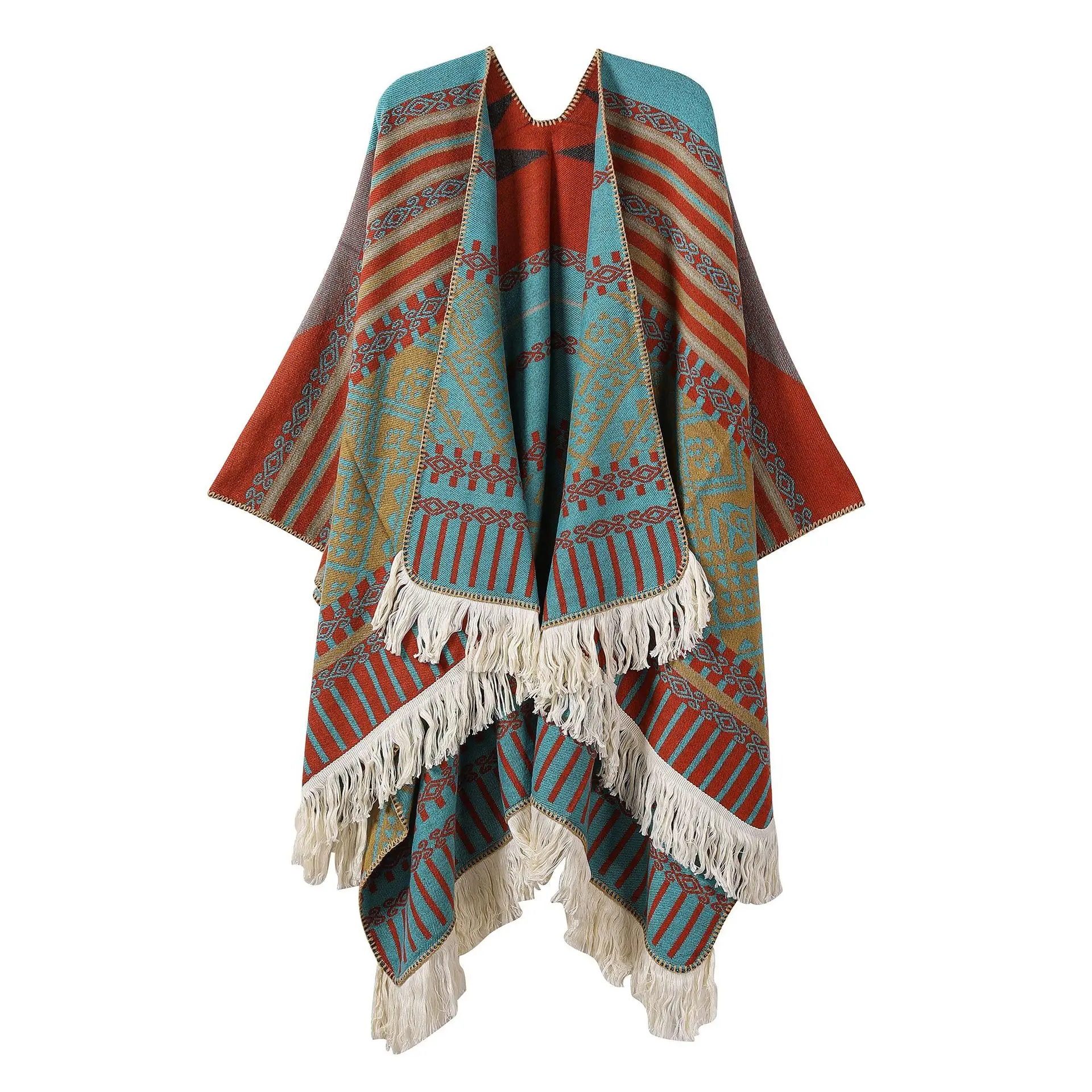 

Autumn and winter new ethnic style travel knitted shawl travel slit cloak women's outdoor warm cloak Cape Poncho Gift p3