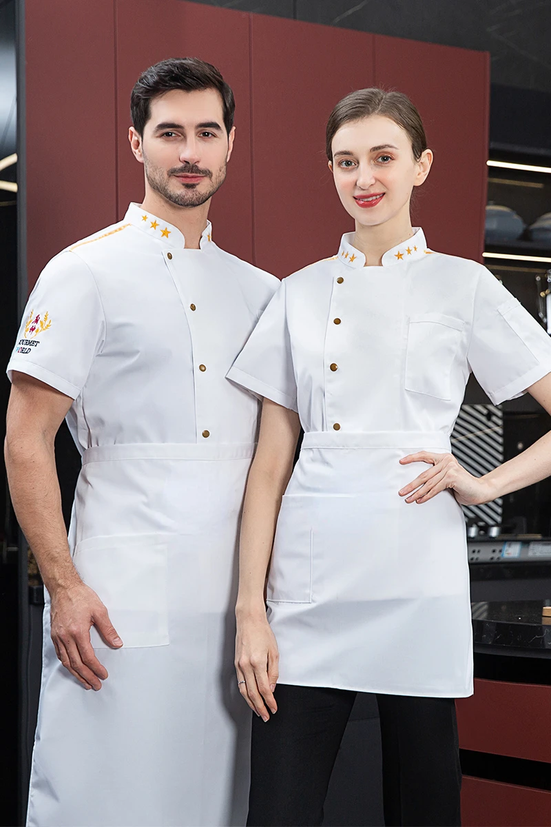 Uniforme de chef à manches courtes avec logo pour femme, veste noire, manteau de cuisinier, t-shirt de chef, uniforme de travail de boulanger, vêtements d'hôtel WaClaRestaurant