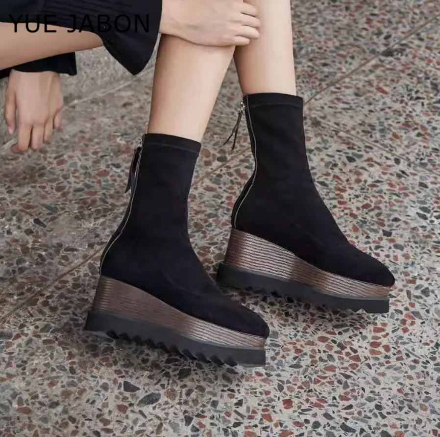 Black 2024 Stretch Suede Western Cowgirl Boots Black Grey Cowboy Ankle Boots for Women High Platform Boots Short Casual Shoes