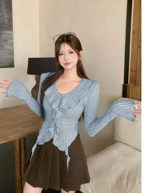 

plus Size Women's Pure Desire Bell Sve Irregular Hem Top Autumn New Design Sensual Faionable Korean Sle Slim Fit T-irt