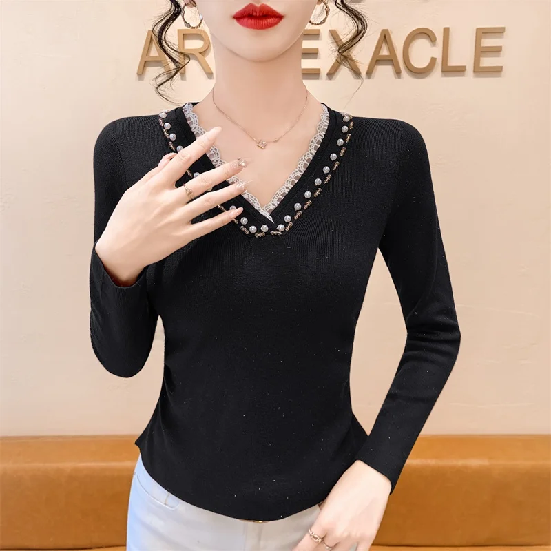 เสื้อถักทรงเข้ารูป แต่งระบาย คอวี ประดับลูกปัด แขนยาว สำหรับผู้หญิง แฟชั่นฤดูใบไม้ร่วงและฤดูหนาว ใส่เป็นเสื้อตัวในได้