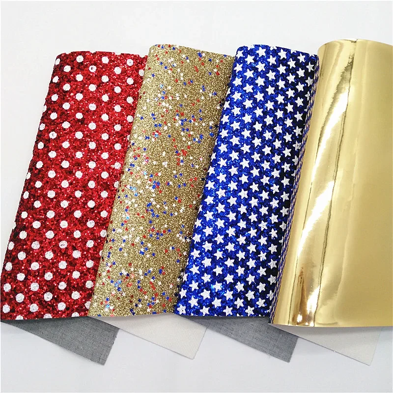 4th July Stars Glitter Leather Fabric Sheets Dots Custom Glitter Leather Mirror Synthetic Leather For Bows DIY 21x29CM Q1051