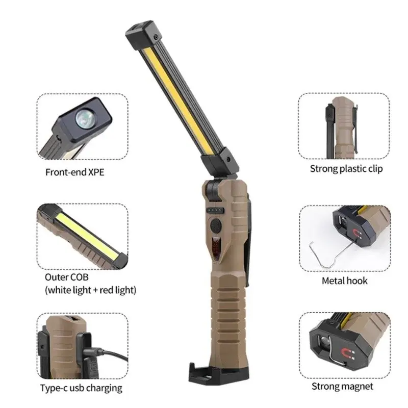 Linterna LED de trabajo plegable COB XPE, linterna de mano con batería integrada, lámpara de inspección de coche de emergencia,