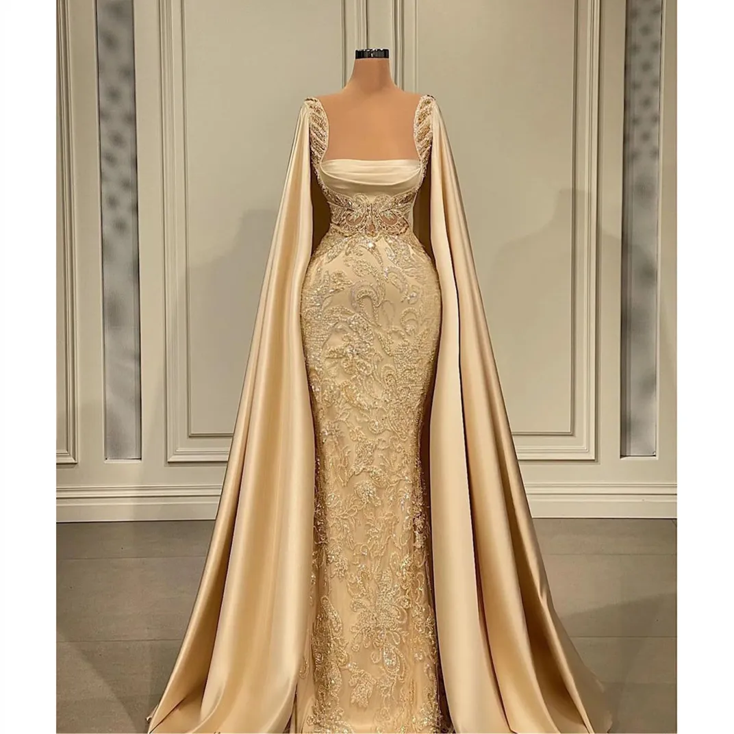 Gold Mermaid Evening Dresses Bateau Sleeveless Capes Sequins Beaded Luxury Appliques Bead Satin Sparkly Prom Dresses Custom Made