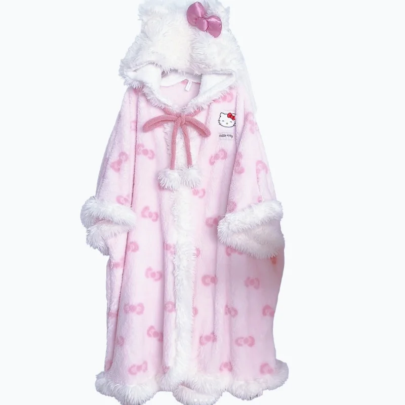 

Plush Robes Girls Cute Sanrio Anime Hellokitty Y2K M L XL XXL Pajamas Hooded Blanket Casual Fleece Sleepwear Women Clothing