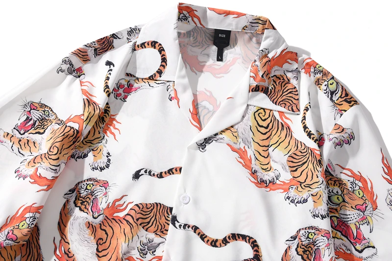 Dark Icon Tiger Full Print Vintage Street Mens Shirt Button Down Collar Holiday Beach H